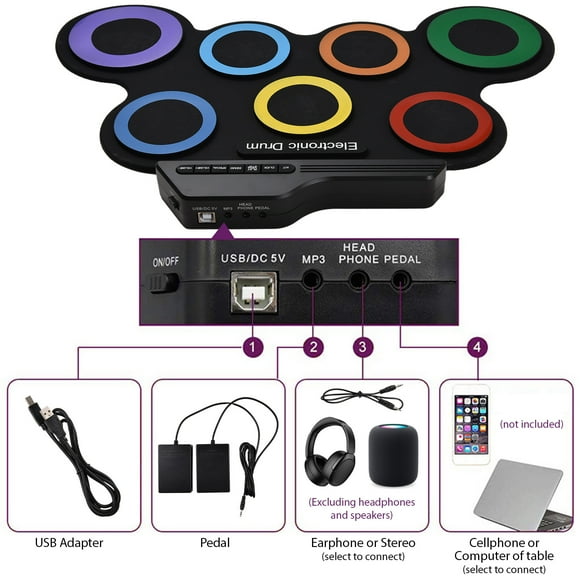 Instruments Electric Drum Set Portable Drum Pad Kit 7 Pads with Headphone Jack Pedals Drumsticks Holiday Birthday Gift Musical Instruments Practice Pad Drum Kit No Speaker