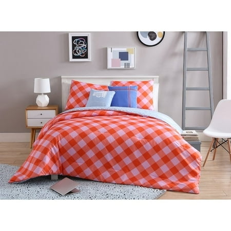Coral Bedding Set VCNY Home Coral Girls Checker 4/5 Piece Comforter Bedding Set, Shams and Decorative Pillows Included ()