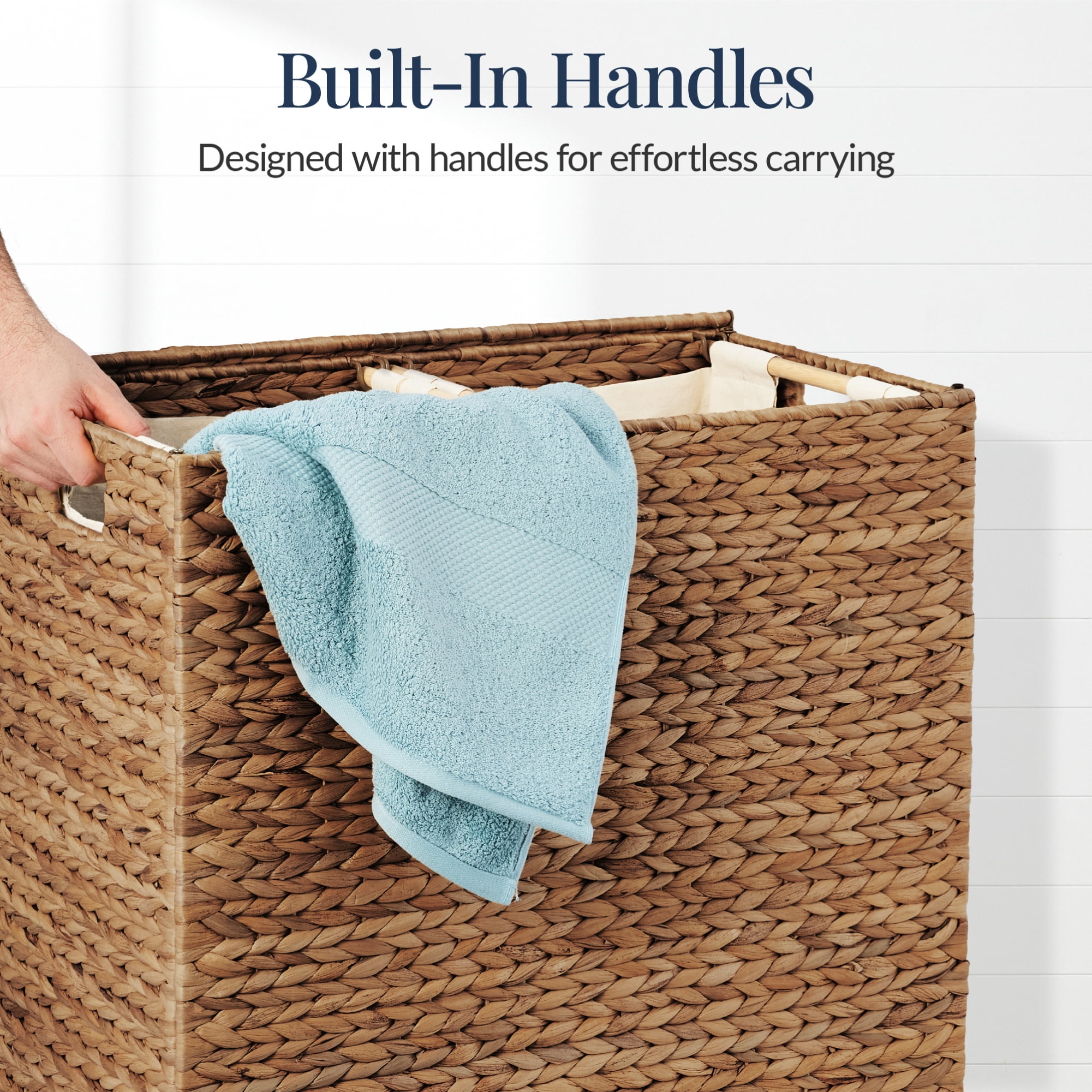 Best Choice Products Large Natural Water Hyacinth Double Laundry Hamper Basket w/ 2 Liner Bags, Handles - Chestnut