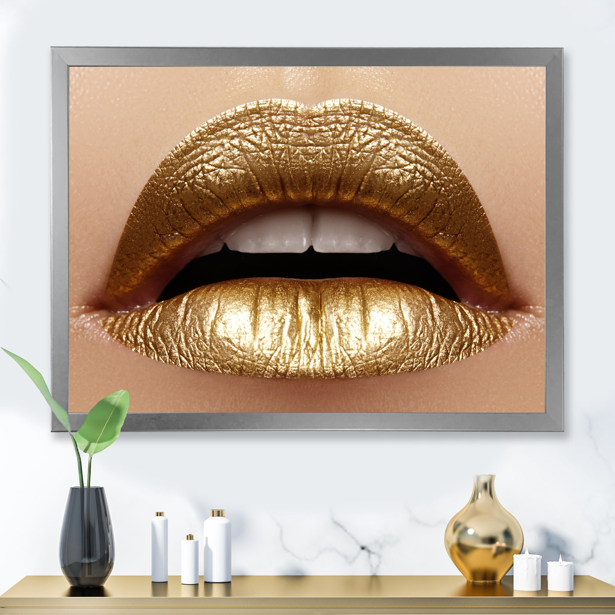 Designart 'Close Up of Woman Plump Lips With Golden Lipstick' Modern Framed Art Print