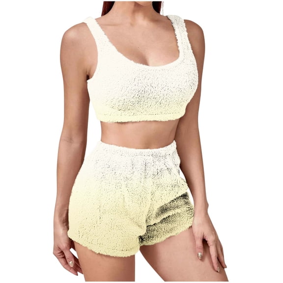 qucoqpe Women's Winter Fuzzy 2 Piece Outfits Fleece Warm Crop Tops Shorts Set Pajamas Loungewear
