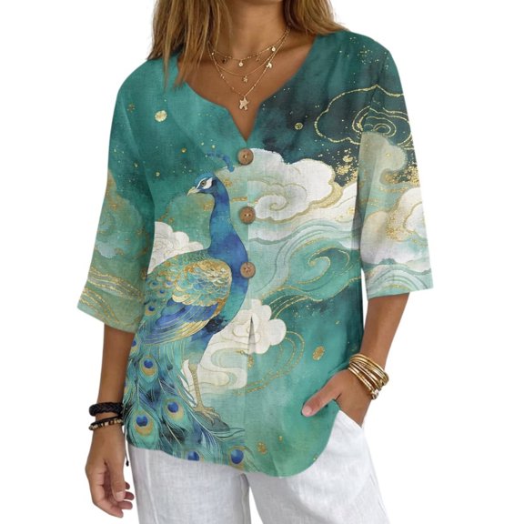 Xoenoiee Mythical Peacock Print Womens 3/4 Sleeve Linen Shirts Button Down Linen Blouse for Women Spring Summer Tops with Button Decor Breathable Shirt, 2X-Large
