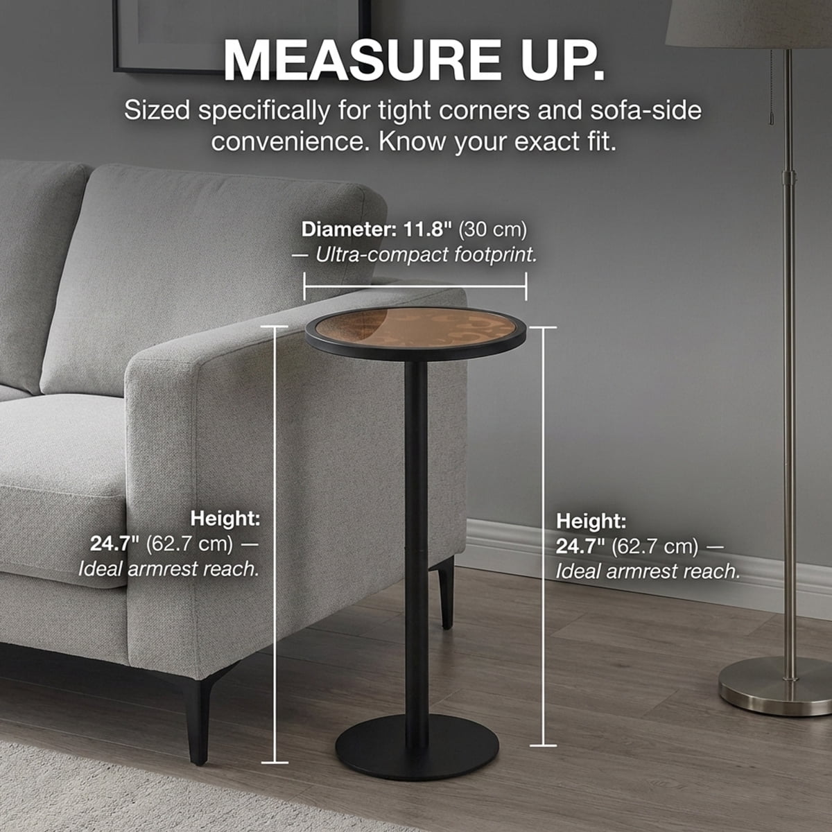 Black Drink Table, Indoor Outdoor Small Round Side Table with Glass Top & Vintage Scroll Design, 24.7" Pedestal End Table for Living Room, Patio, Industrial Modern Accent Table
