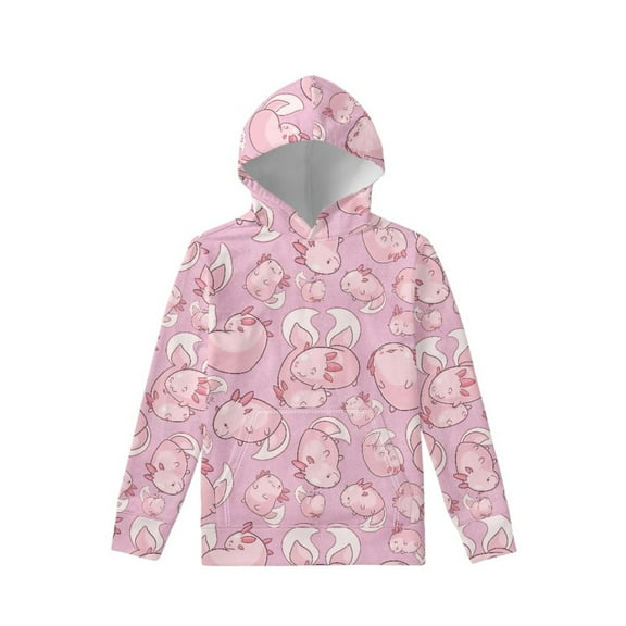 Xoenoiee Pullover Girls Hoodies Cartoon Axolotl Pink Print Hooded Sweatshirt with Front Kangaroo Pocket for Kids Long Sleeve Activewear Fall Winter Clothing, M