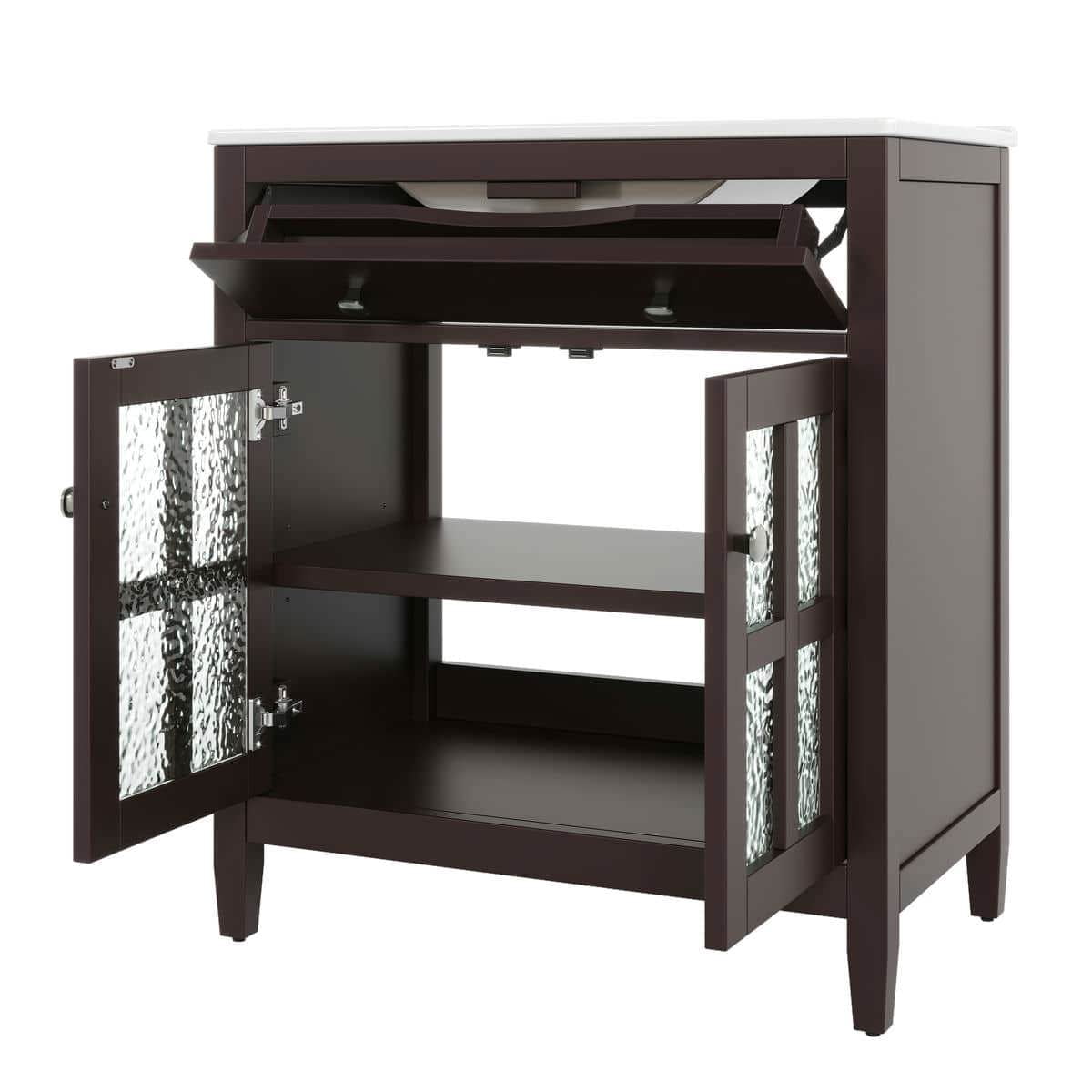 Resenkos 30" Bathroom Vanity with Ceramic Sink, Solid Wood Legs, Adjustable Shelf, Tip-Out Tray, Silver Metal Knobs, Soft Close Hinges - Brown