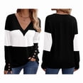 thumbnail image 3 of Blusas Elegantes e Informales para Mujer, con Bloques de Color, de Larga y Cuello en V, para Otoño. Negro XXL, 3 of 6