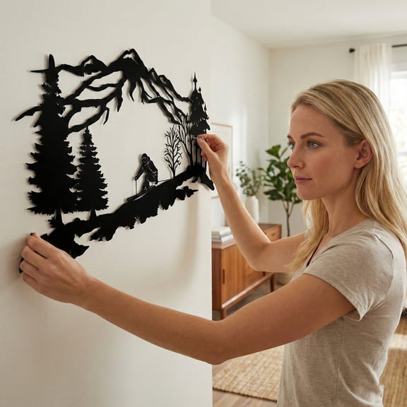 Skier Metal Wall Decor for Home and Outside - Wall-Mounted Geometric Wall Art Decor - Drop Shadow 3D Effect Wall Decoration for Living Room Bedroom