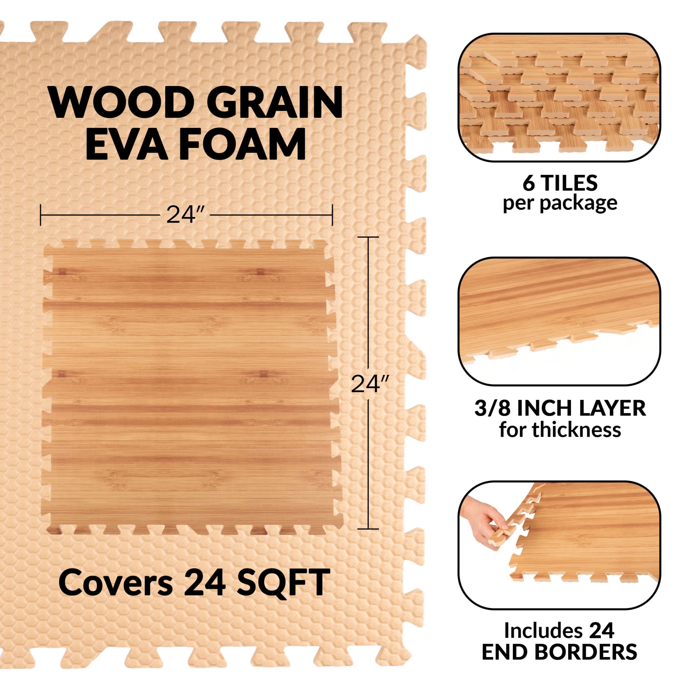 Stalwart Foam Floor Tiles 24sqft Woodgrain Interlocking Foam Tiles, Natural