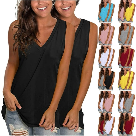 Otntypg 2 Pack Womens Tank Tops Trendy V Neck Sleeveless Vest Cute Summer Tops Loose Fit Basic Workout Casual Plain Tee Shirts Fashion Clothes Wine&Wine L