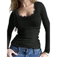 thumbnail image 3 of Camisetas de Larga para Mujer, Informales, Ajustadas, con Cuello Redondo de Encaje y Punto Acanalado, Tendencia de Otoño 2025. Negro XL, 3 of 9