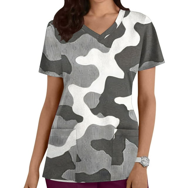 FcBaudy Hauts pour Femmes, Blouses & Chemises à Manches Courtes Col en V Imprimé Camouflage avec Poche en polyester