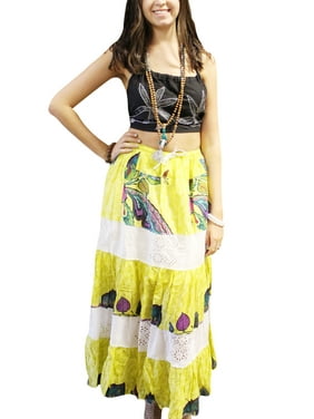 Mogul Women's Yellow Maxi Skirt Bohemian Boho Chic Long Skirt Cotton Tiered A-Line Gypsychic Skirts SML