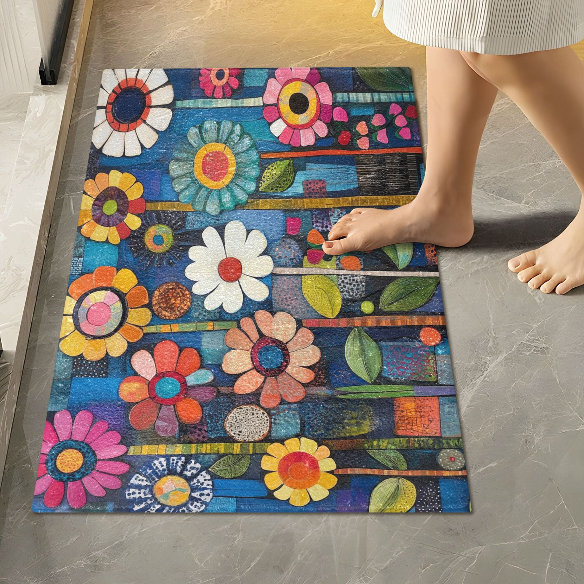 Yayeee Bath Rug for Bathroom Floor Non Slip Contour Fluffy Soft Absorbent Mat, 20"x24", Blue Colorful Flowers
