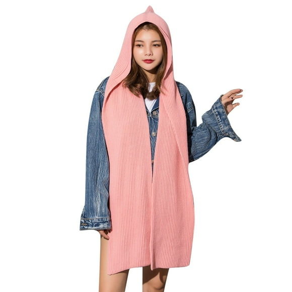 MSJUHEG Scarf Shawls And Wraps Solid 2 In 1 Knit Hooded Scarf Set Winter Melon Cap Warm Thick Cable Knitted Hat Scarf Set Stretchable Athletic Hats Scarf Set For Women Silk Scarf Pink One Size