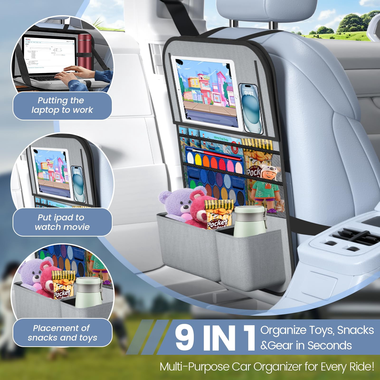 2-Pack Car Backseat Organizer with Table Tray,Supports up to 22 lb,9 Storage Pockets with Touch Screen Tablet Holder,foldable Food Tray, Protective Kick Mats,Travel Accessories Organizer,Gray