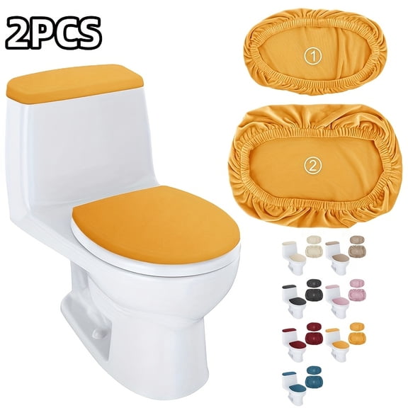 Yellow 2-Piece Toilet Cover Set, Thickened Plush Soft Toilet Seat Cushion, Toilet Tank Cover, Elastic Stretch Fit Toilet Lid Cover, Washable Non-Slip Odorless 2-Piece Toilet