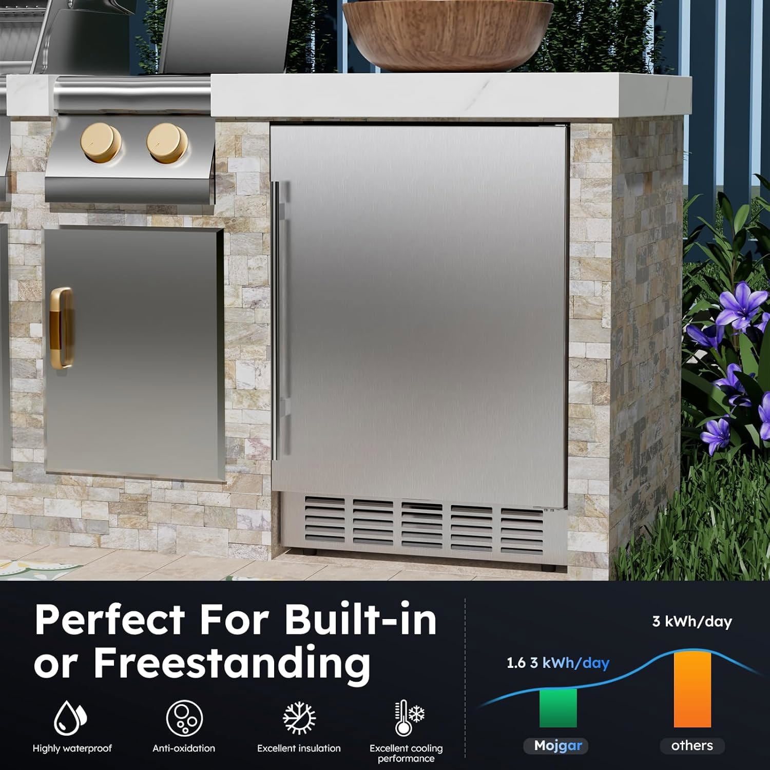 Joreek 24 Inch Beverage Fridge Weather Proof Stainless Steel Beverage Cooler Under Counter Beer Fridge Indoor/Outdoor Beverage Refrigerator for 190 Cans Built-in/Freestanding (Foam Door)