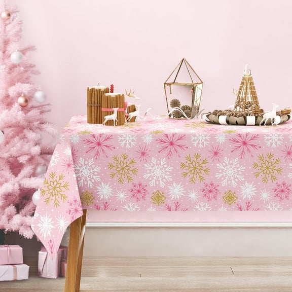 AnyDesign Christmas Tablecloth Gold Pink Snowflake Table Cloth Xmas Winter Snowflake Rectangle Table Cover for Christmas Holiday Party Table Decor, 60 x 102 Inch