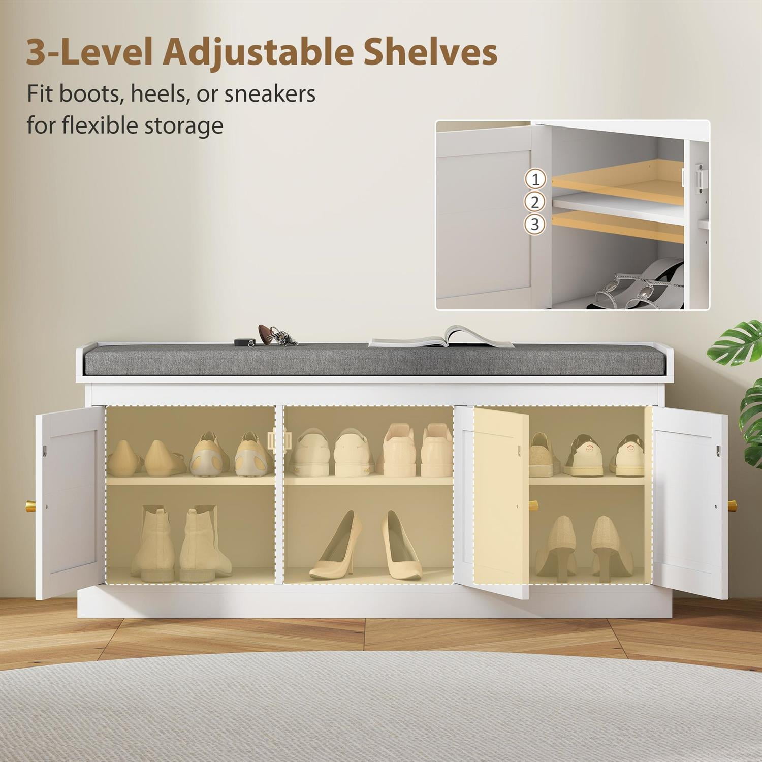 Demi Bonn 41" Shoe Storage Bench with Rattan Design , Adjustable Shelves & Cushion Comfort, Entryway Organizer for Home Decorators, White