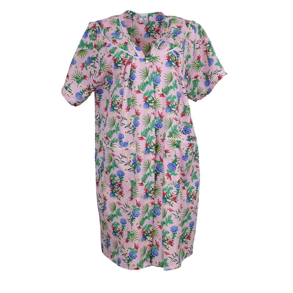 Sindrella Women's Cotton Blend Snap Front Duster Robe With Pocket - Pink Stripes and Tropical Flowers - Small
