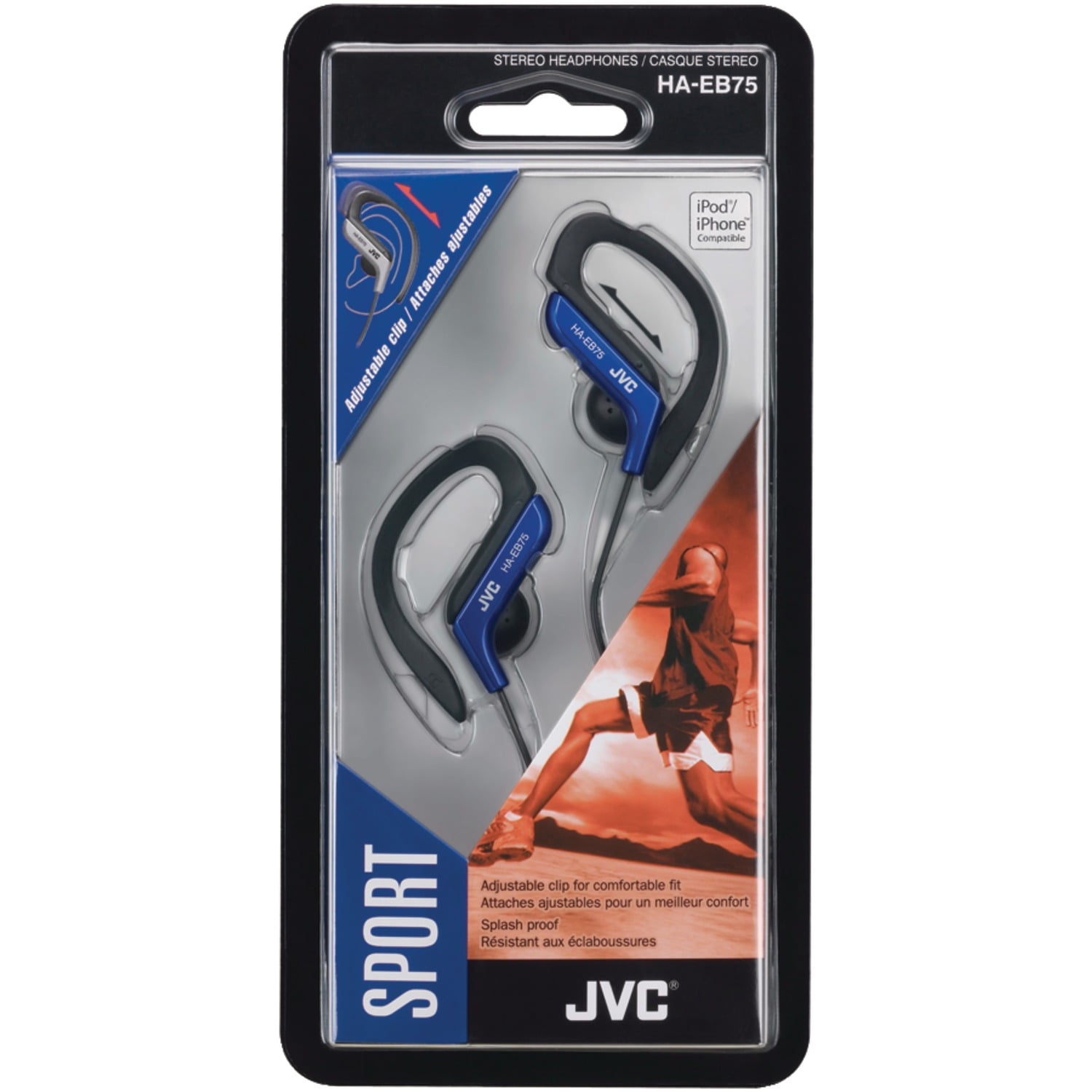 Clip Style Headphone Blue Lightweight and Comfortable Ear Clip Splash Proof Water resistant Powerful Sound with Bass Boost JVC HAEB75BA 