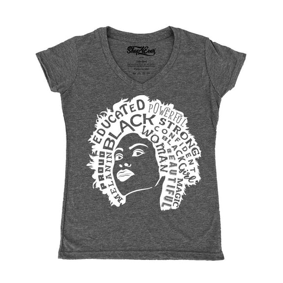 Shop4Ever Women's African American Woman Afro Word Cloud Slim Fit V-Neck T-Shirt X-Large Heather Charcoal
