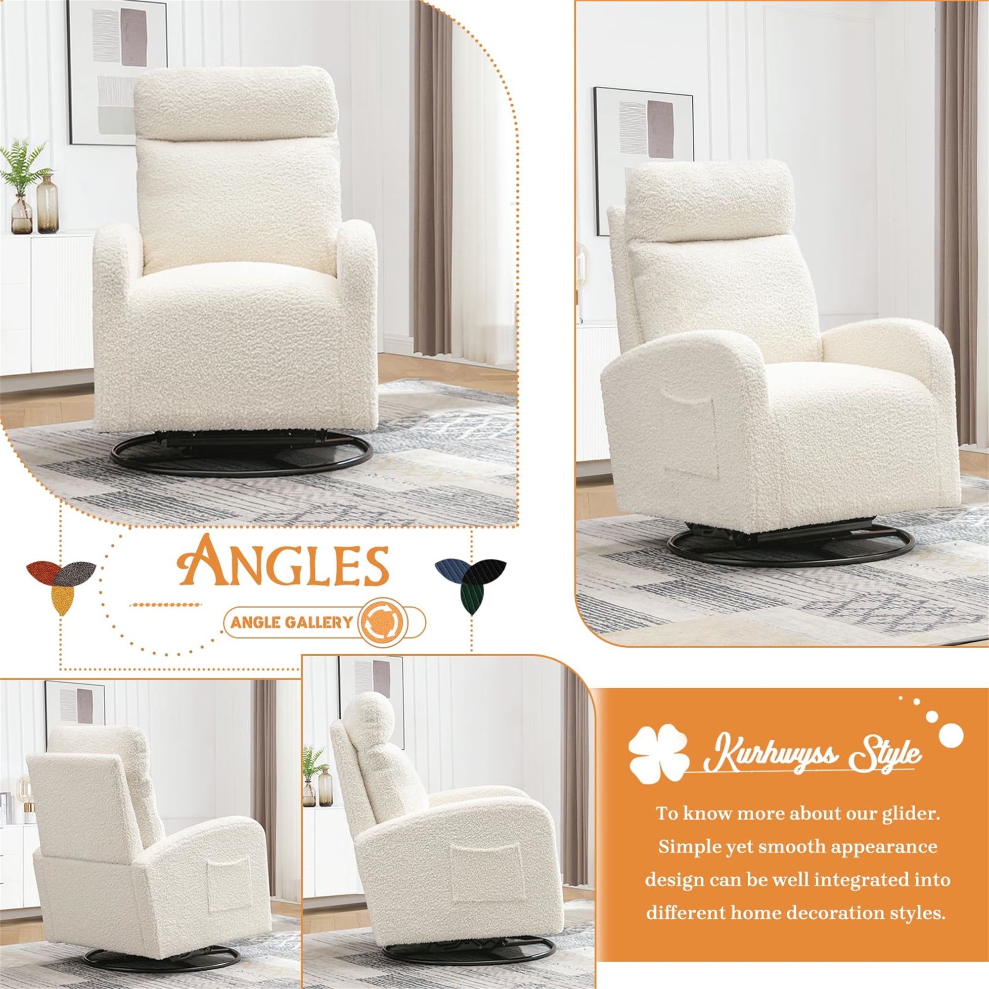 Aukfa Swivel Glider Chair for Nursery, Modern High Back Rocker Chair w/ Storage, Teddy Fabric, White