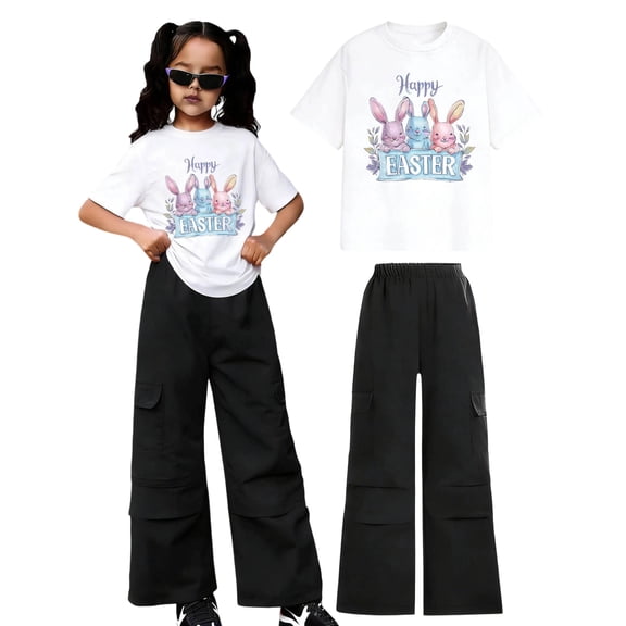 SGMVNU Girls Wide Leg Cargo Pants Set Summer Casual Short Sleeve Graphic Tee Two Piece Outfits Kids Tracksuits Size 10-11 Years, 3-Black