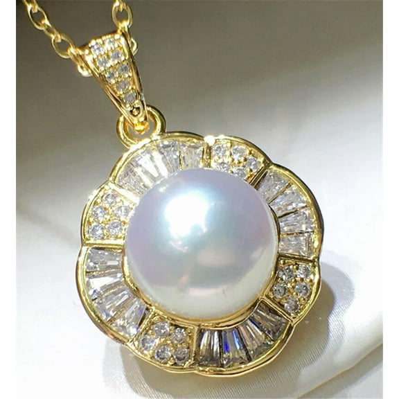 EOEMY White Freshwater Pearl Pendant 10-11mm 18K Filled Gold Flower Necklace Pendant