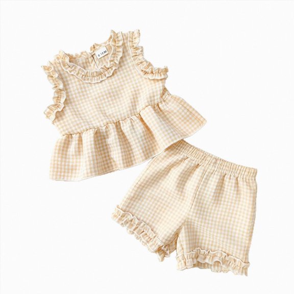 Baby Girl Comfortable And Breathable Set Cute Checkered Print Short Sleeve Shorts Two Piece Set