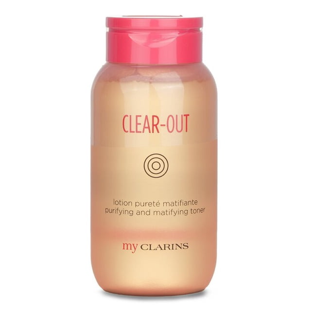 tónico clarins clear-out purificante y matificante 200 ml Envase frontal translúcido color durazno con tapa rosada y texto "CLEAR-OUT"; botella de 200 ml que muestra una loción tonificante purificante y matificante indicada para reducir el brillo, equilibrar la piel y suavizar su textura; a menudo usada también como tónico refrescante para preparar la piel antes de tratamientos facialessuaves.