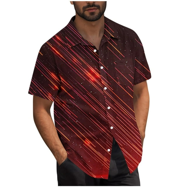 Mens Casual Manga Corta Botón Abajo Camisas Turndown Cuello Blusa de Impresión, Poliéster Ligero Top de la Moda para el Verano Al Aire Libre Y el Uso Diario
