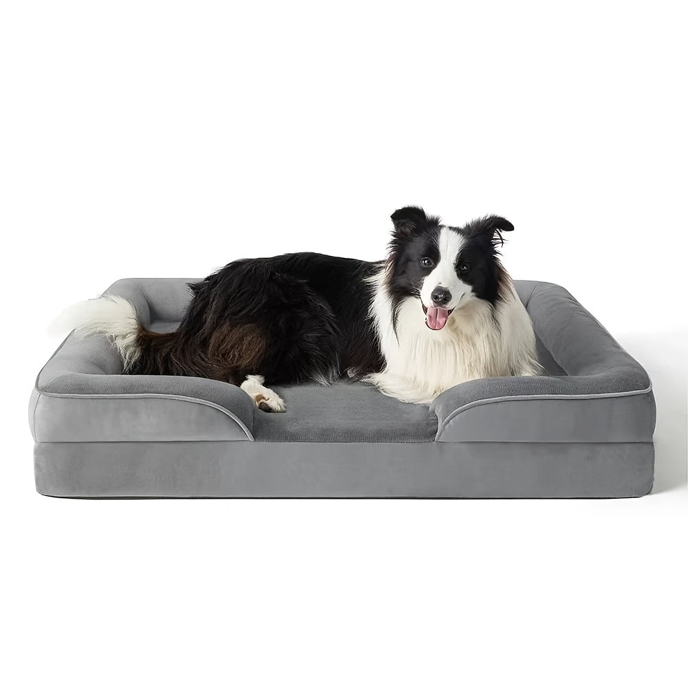 Gray Luxury Sofa-Style Pet Orthopedic Bed for Large and Medium Dogs – Removable Machine-Washable Plush Cover, 4-Sided Bolster, Non-Slip Bottom, Size 27.5"x23.6"x7"