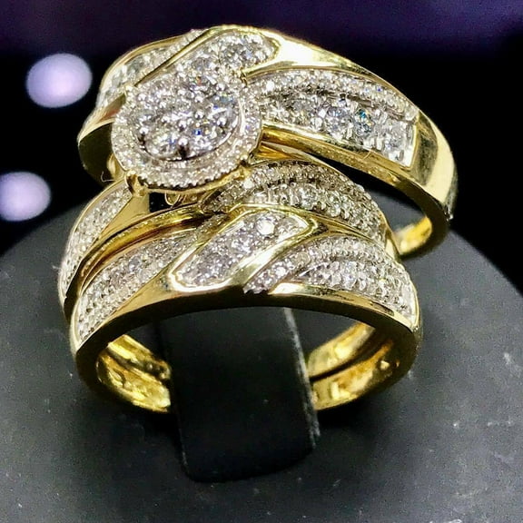 14K Yellow Gold Plated His & Her Diamond Wedding Trio Bridal Engagement Ring Set