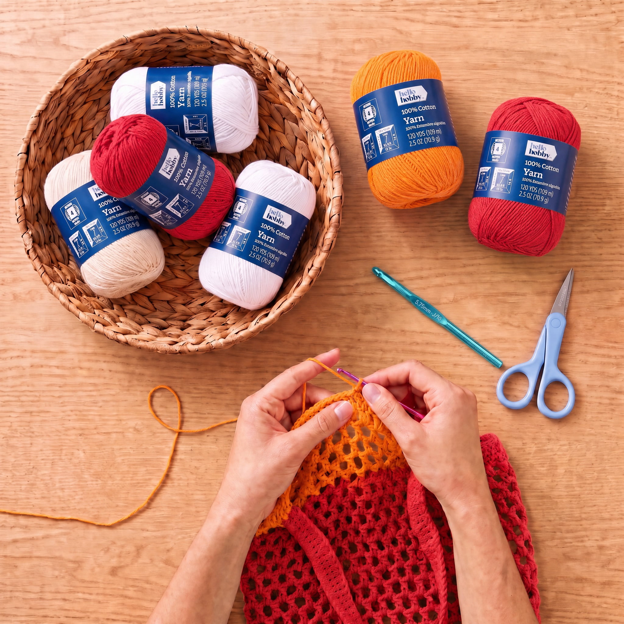 Hello Hobby Size 4 Medium Weight Cotton Red Yarn, 2.5 oz, 120 yds