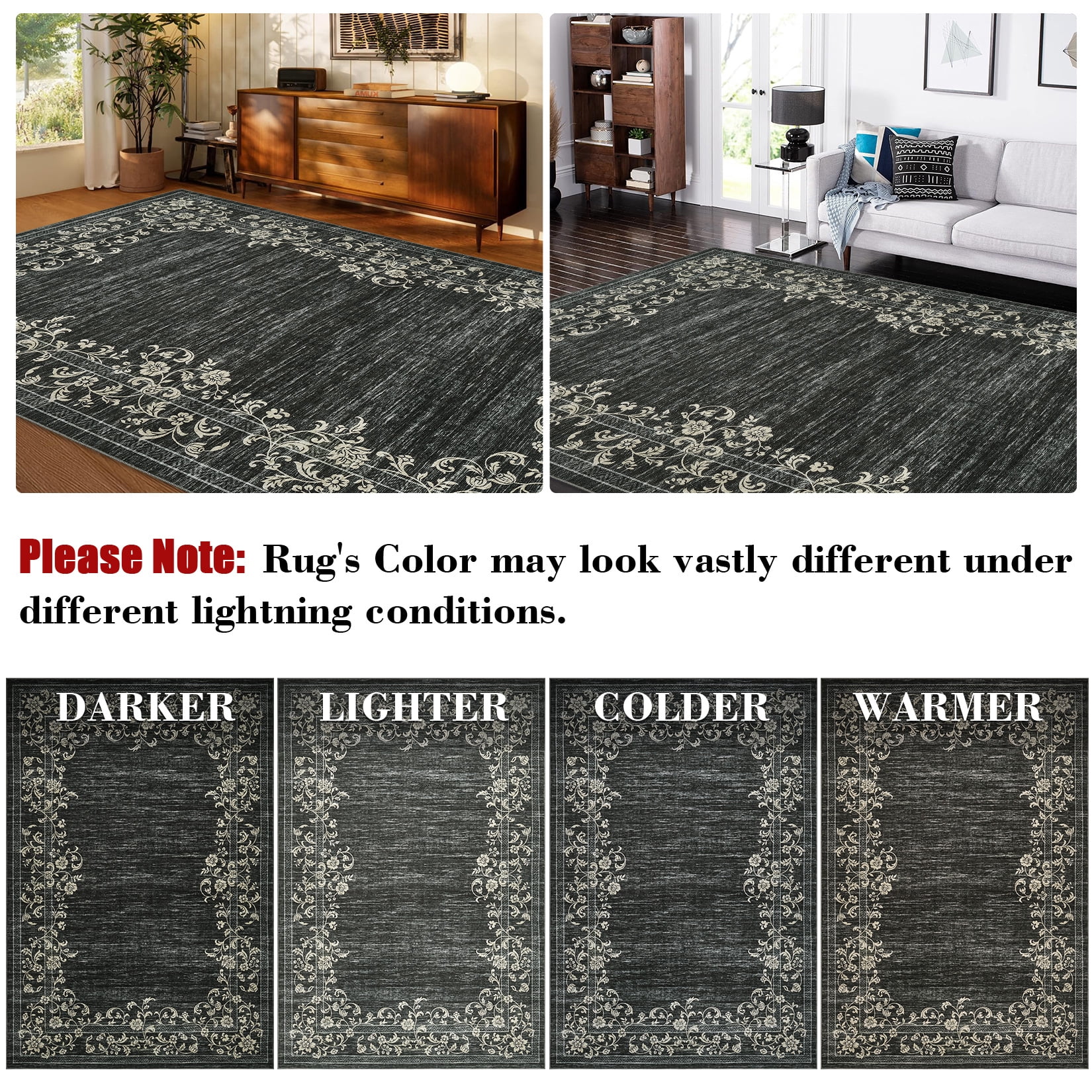 Hasoo Modern Washable Indoor Carpet 8' x 10' Black Area Rug for Living Room Geometric Border Floral Pattern Non-slip polyester Room Decor Rug