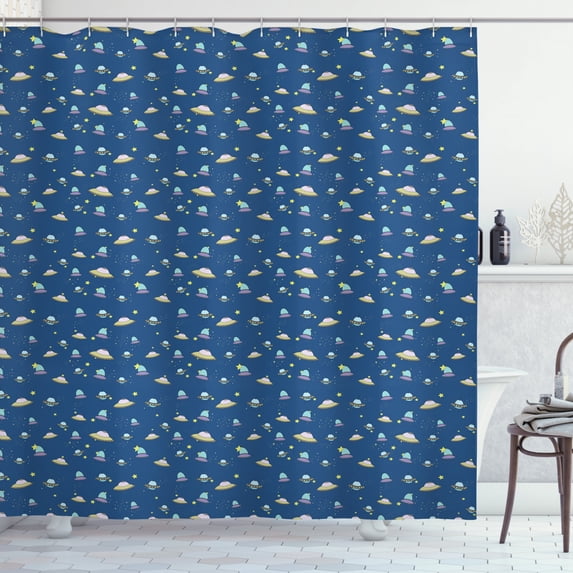 Spaceship Shower Curtain, Cartoon Flying Saucers in the Night Sky Full of Stars Mysterious Universe Theme, Fabric Bathroom Set with Hooks, 69W X 84L Inches Extra Long, Multicolor, by Ambesonne