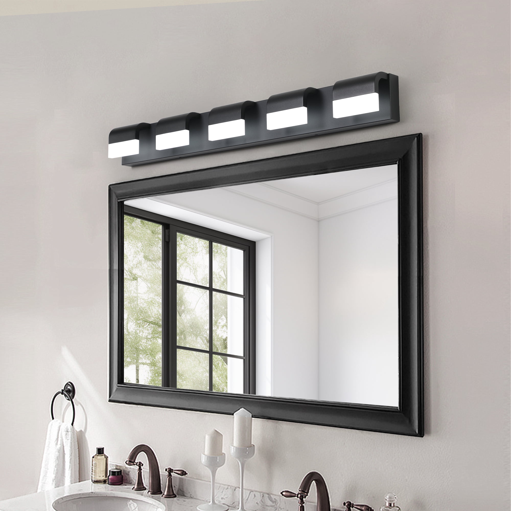 5-Light 32.3 Inch Vanity Light Fixtures , Matte Black Modern Acrylic Bathroom Wall Lighting Fixtures for bathroom lights (Cool White 6000K)