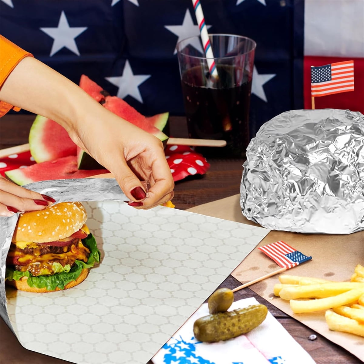 Aluminum Foil Wrap Sheets,100pcs Durable Sandwich Wrapper,QZS Portable Hamburger Wrapper for Home,Easy to Use,fit for Catering and Food Service