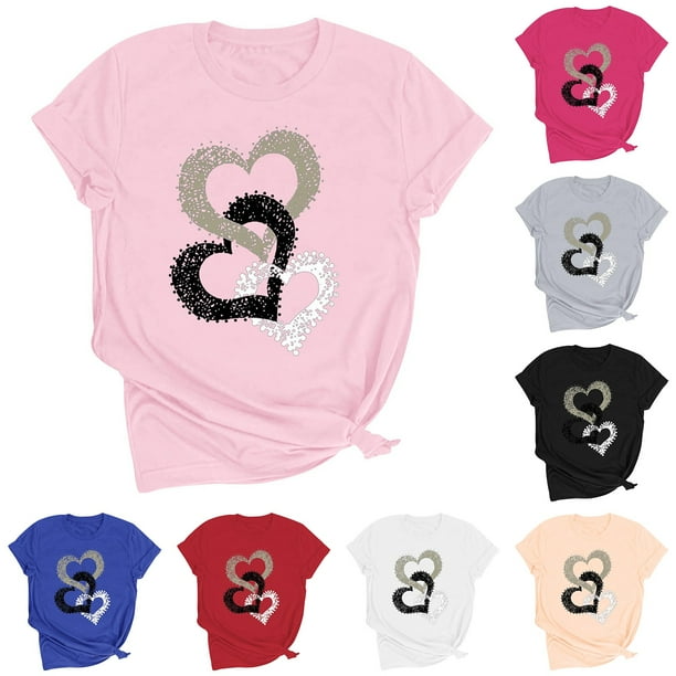 RKSTN Valentine Gifts Women's Valentine's Day T Shirts Oversized Crewneck Valentines Graphic Print Short Sleeve Shirt Womens Casual Solid Round Neck Plus Size Loose Fits Tee Top Summer Clothes