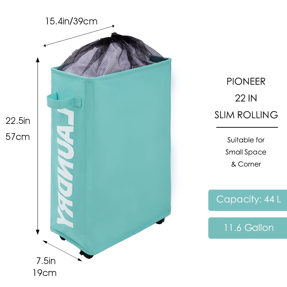 Caroeas 22" Rolling Slim Laundry Basket with Stand Foldable Waterproof Sorter and Organizer on Wheels Tall Thin Dirty Laundry Hamper Basket Home Cotton Corner Bin