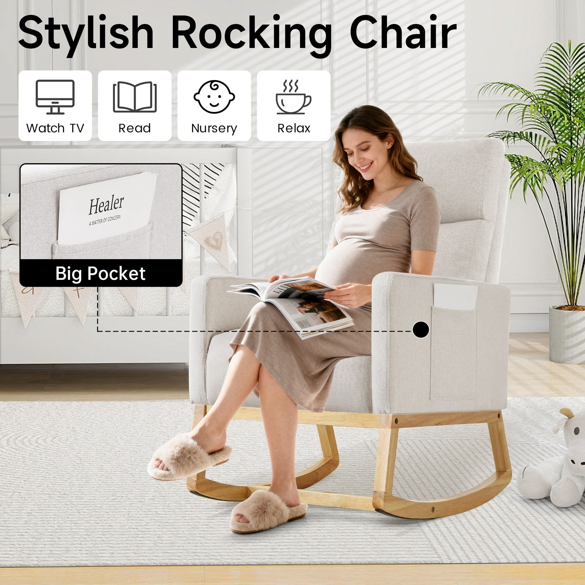 AUNEKIV Rocking Chair Nursery, Upholstered Accent Rockers, Nursing Glider Chairs for Bedroom, Ivory