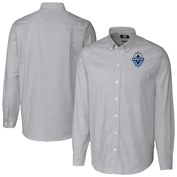 Men's-Cutter & Buck  Charcoal Vancouver Whitecaps FC Stretch Oxford Stripe Tri-Blend Long Sleeve Button-Down Shirt