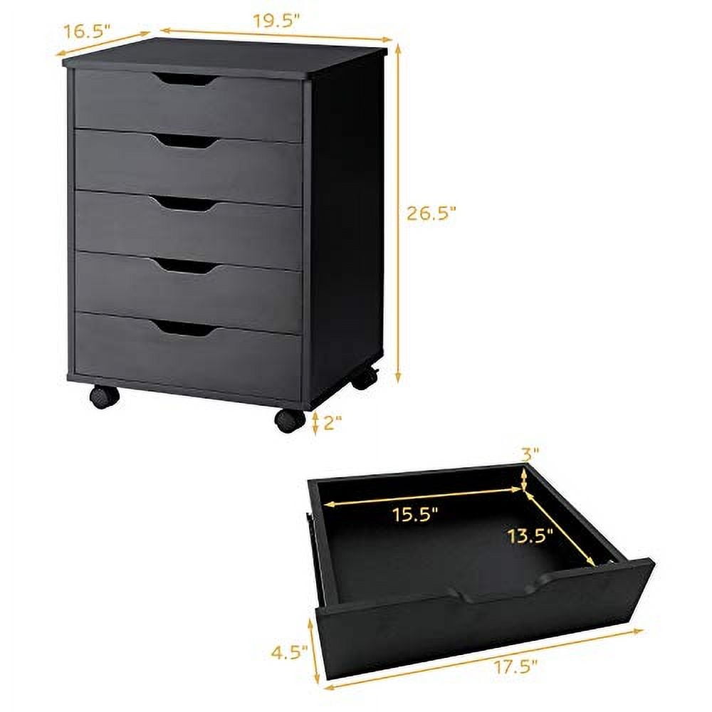 DORTALA 5 Drawer Chest File Cabinet with Wheels, Versatile Mobile Under Desk Office Storage Cabinet, Wood Filing Cabinet for Home Office, Black