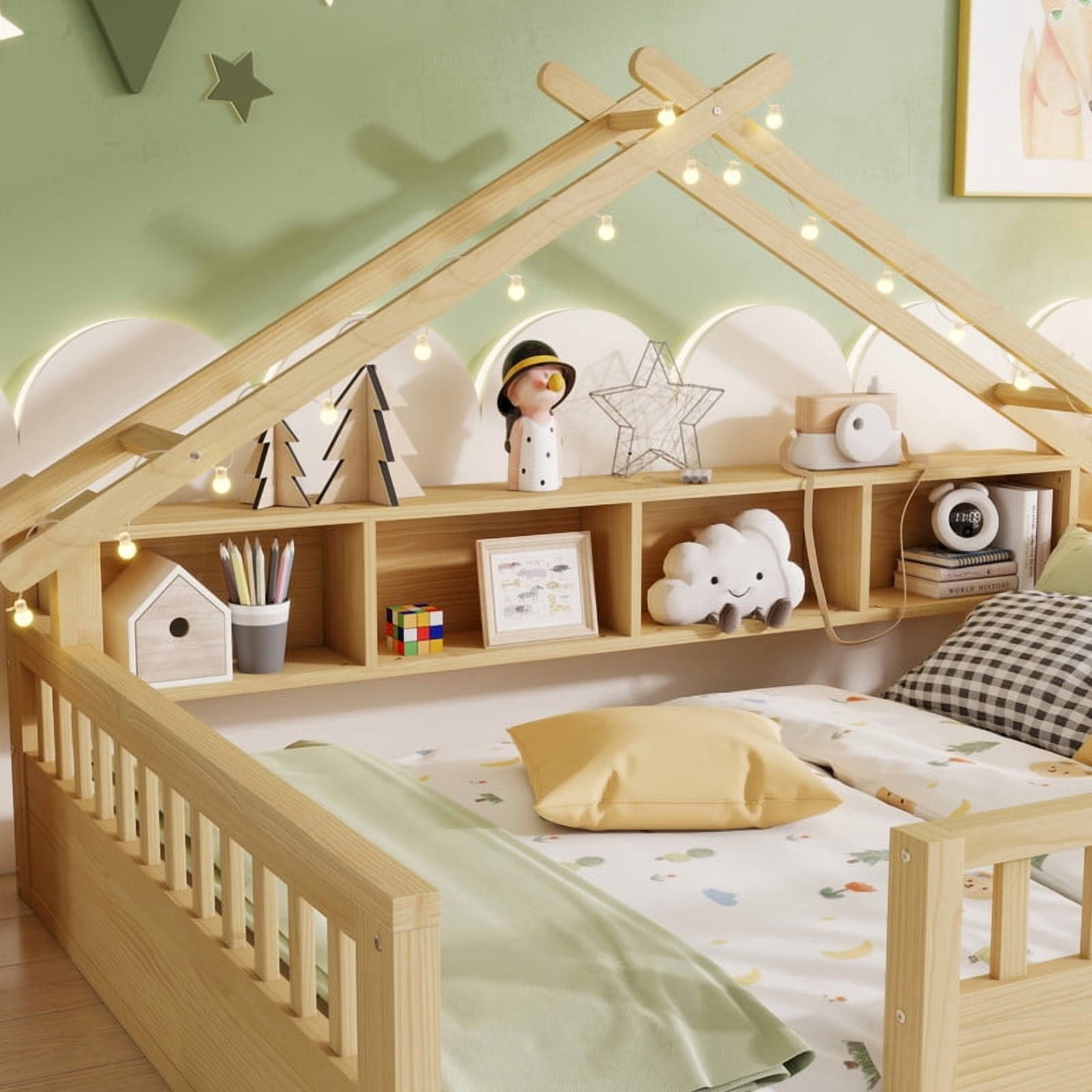 Mirightone Full Floor Bed with High Rails, Montessori Bed Full with LED Light and Roof Shape, Wood House Bed Frame with Storage Bookshelves, Natural