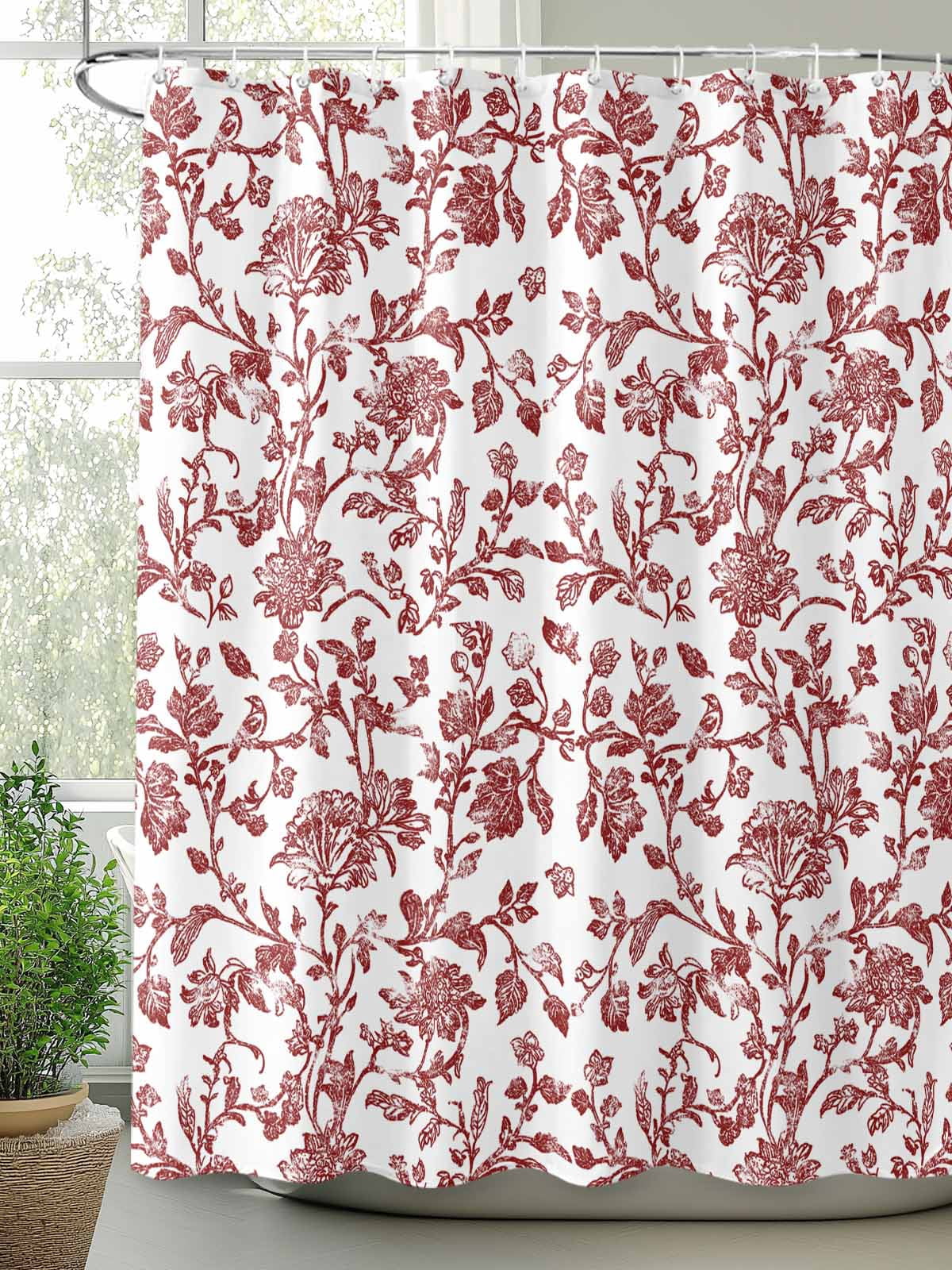 Red Boho Flower Bathroom Curtain 72 Inch Shower Curtain with Hooks, Vintage Paisley Farmhouse Pattern Waterproof Polyester Bath Curtain Washable Bathtub Curtain 48''x 72''