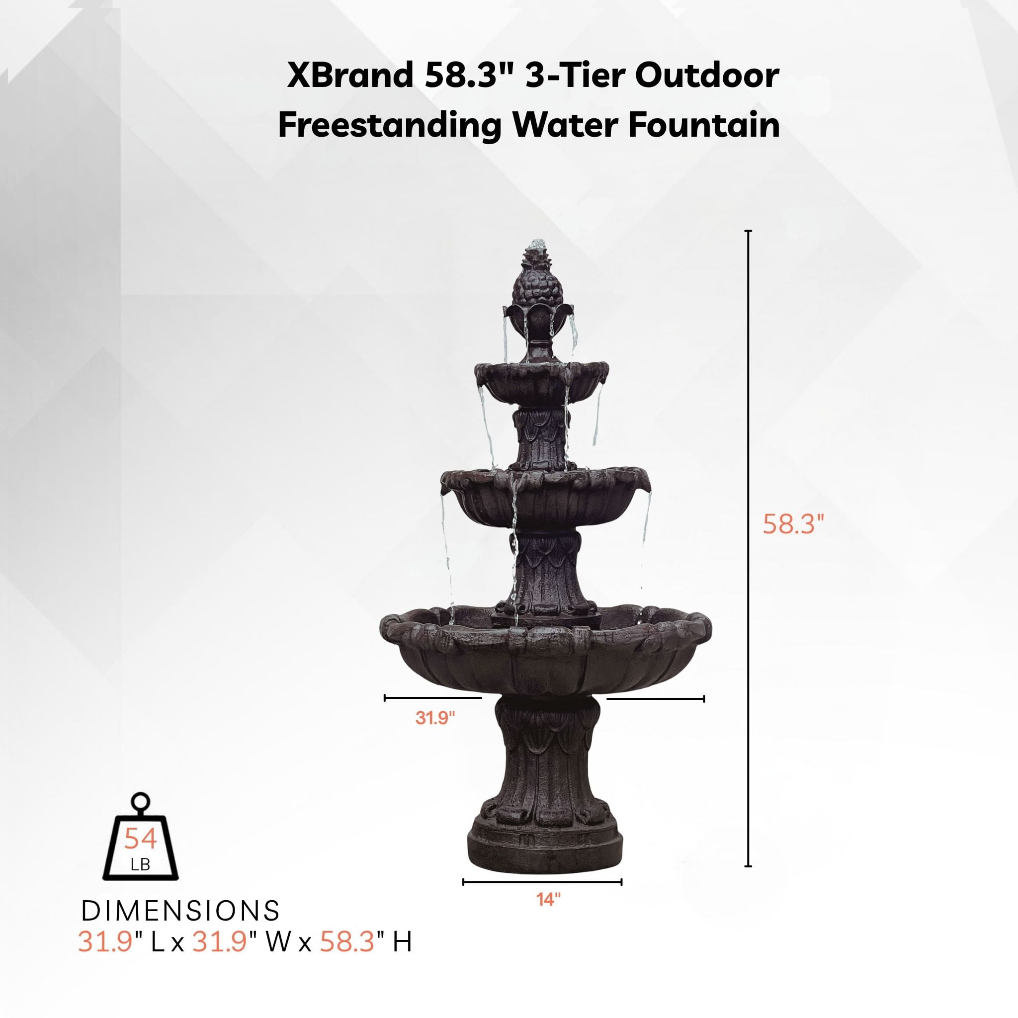 58.3" 3-Tier Electric Outdoor Freestanding Water Fountain - Classic Leaf Design, Brown Resin with Pump