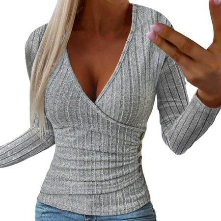 YUHAOTIN Female Boho Tops for Women 2024 Purple Simple Long Sleeved V Neck Pullover Women s Sweater Tops Autumn and Winter Women s T-Shirts Graphic Tees Bikini Top