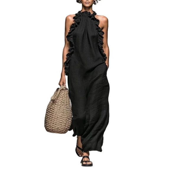 Miqool Women's Summer Ruffled Maxi Dress Halter Neck Sleeveless Flowy A-Line Long Casual Beach Vacation Dress with Pockets