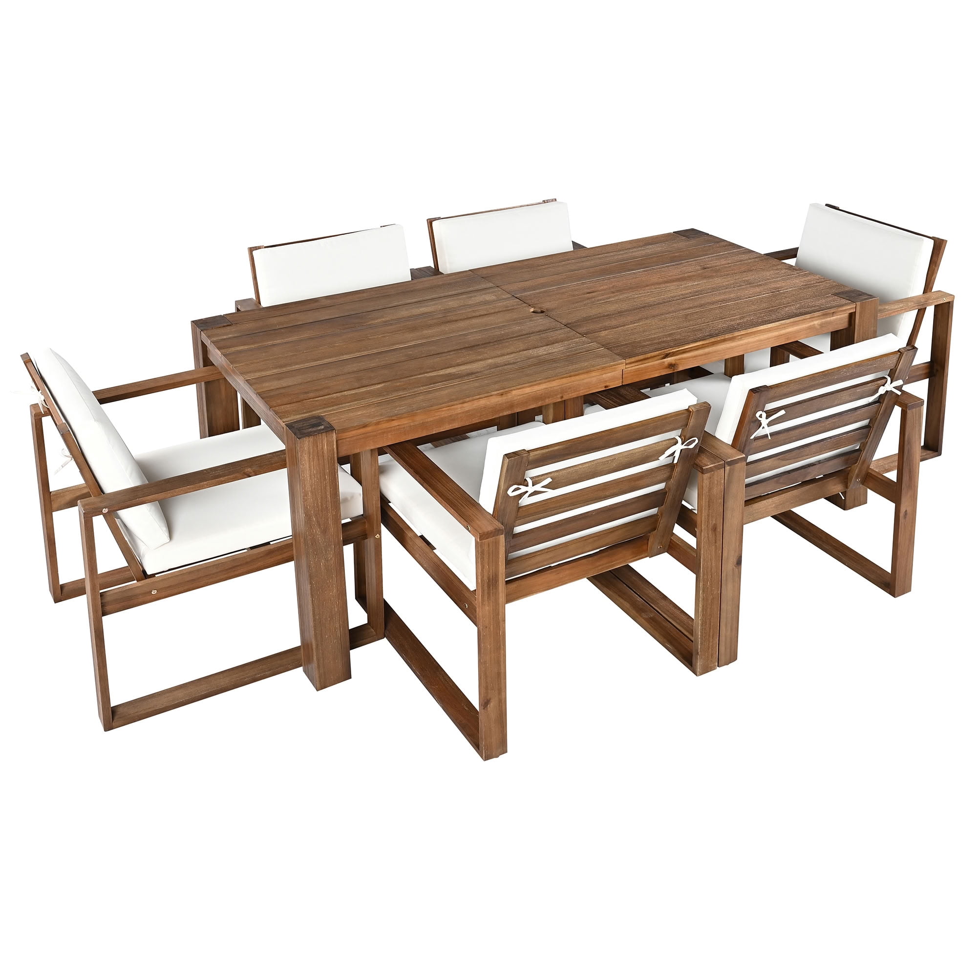 MAYEERTY 7 Piece Patio Table and Chairs Set, Outdoor Wood Furniture Set for 6 with Removable Cushion & Umbrella Hole, for Garden